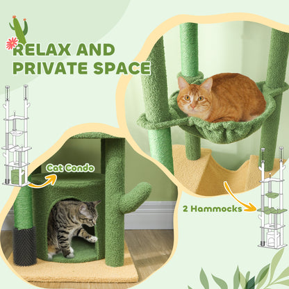 89"-100" Floor to Ceiling Cat Tree, Cat Climbing Tower with Grooming Brush Post, Cat Condo, Hammock, Green
