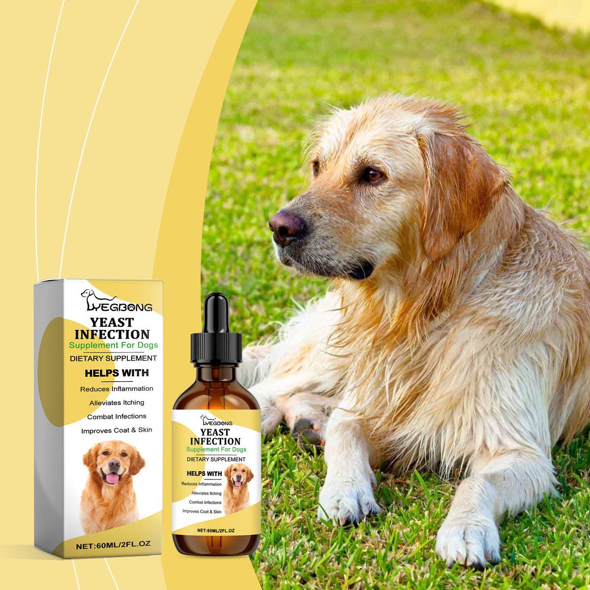 Herbal Yeast Supplement For Relieving Pet External Skin Care with a golden retriever and product packaging.