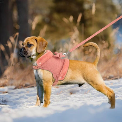 Cute Warm Small Dog Harness And Leash Set With Bow Tie, Soft Padded Puppy Harness With Removable Fur Collar, Adjustable Girl Dog Harness With Quick Release Buckles