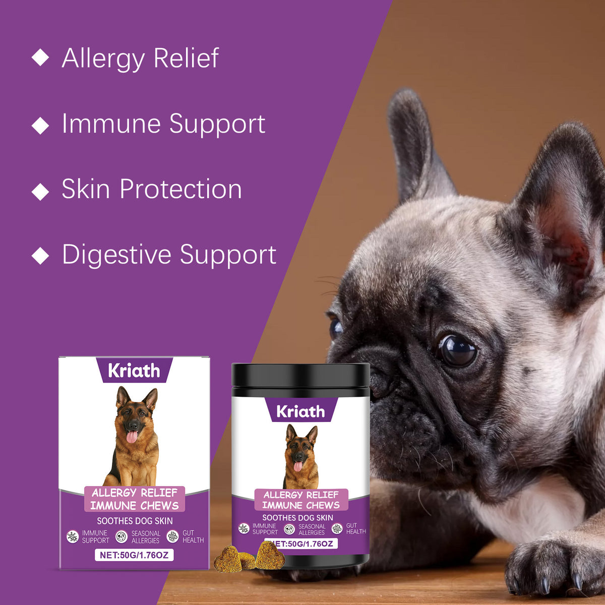 Allergy relief chews for pets with benefits like immune support, skin protection, and digestive support.