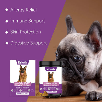 Allergy relief chews for pets with benefits like immune support, skin protection, and digestive support.