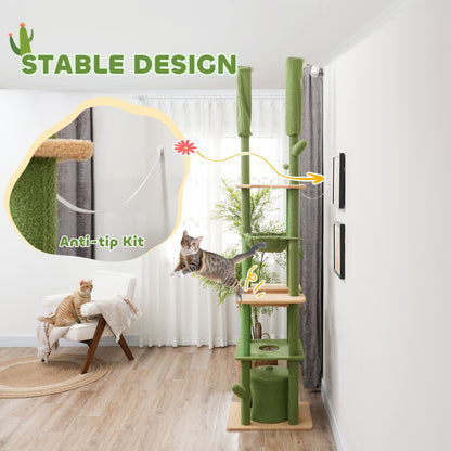 89"-100" Floor to Ceiling Cat Tree, Cat Climbing Tower with Grooming Brush Post, Cat Condo, Hammock, Green