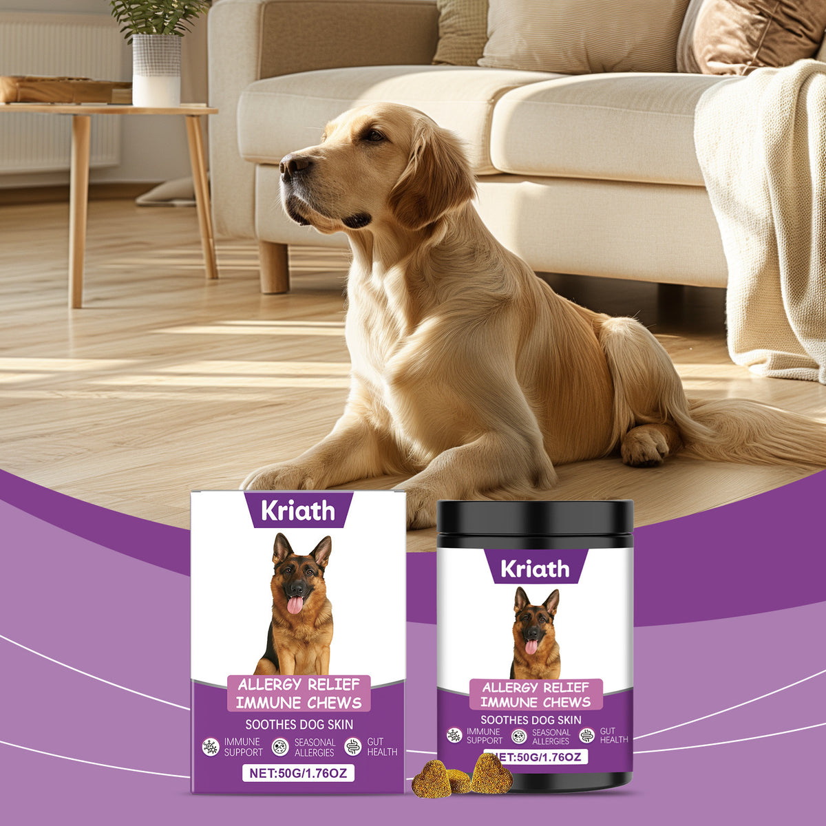 allergy relief chews for pets packaging displayed with a dog in a cozy living room setting.