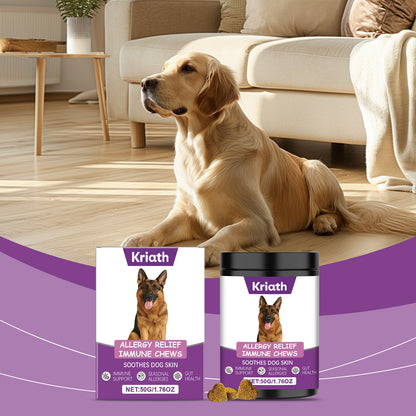 allergy relief chews for pets packaging displayed with a dog in a cozy living room setting.