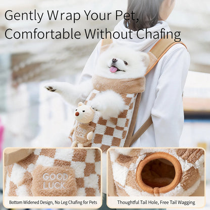 Fleece Pet Carrier Backpack For Small Dogs Cats, Front Facing Dog Carrier Bag With Ergonomic Support, Warm Plush Puppy Carrier With Wide Leg Openings For Outdoor Travel Hiking