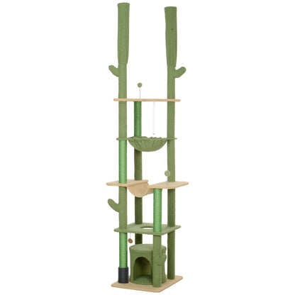 89"-100" Floor to Ceiling Cat Tree, Cat Climbing Tower with Grooming Brush Post, Cat Condo, Hammock, Green