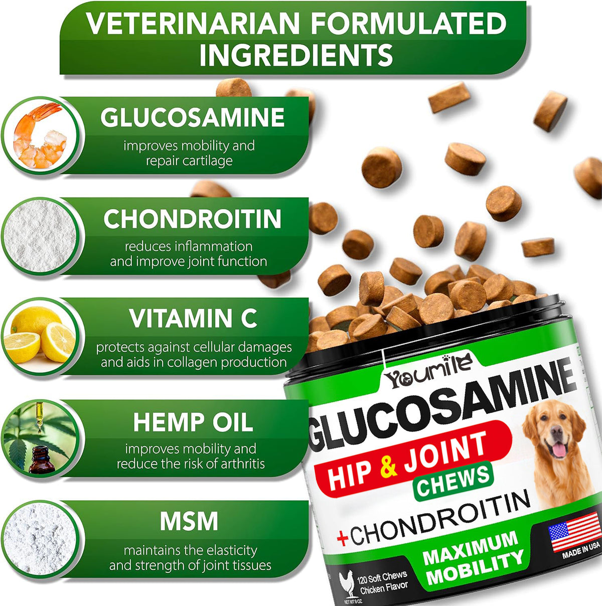 Pet Hip & Joint Supplement Chondroitin ingredients for mobility and joint health in pets.