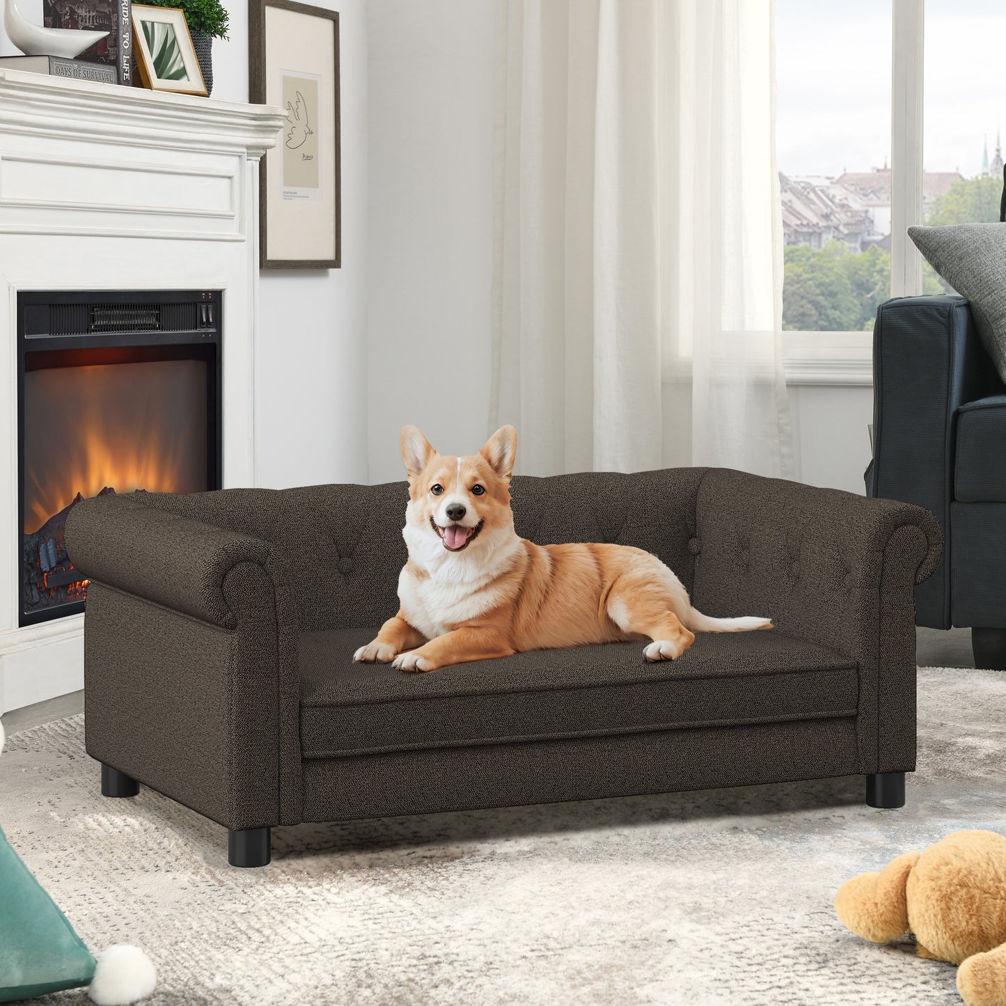 Elegant Rectangular Pet Bed For Small And Medium-sized Dogs, Durable Elevated Dog Sofa Bed, Comfortable Dog Sofa, Modern And Fashionable Linen Fabric Dog Sofa-Dark Brown