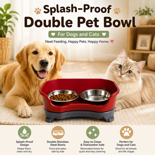 Splash-Proof Double Pet Bowl with Stainless Steel Bowls for Dogs and Cats