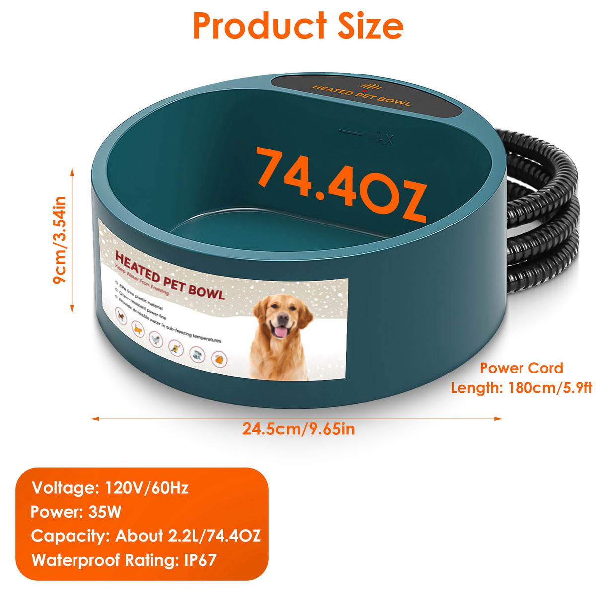1Pc Heated Water Bowl For Dog Cat 74.4OZ Heating Water Dish IP67 Waterproof Thermal Water Bowl Heated Pet Bowl Dog Cat Water Feeder Bowl For Dog Cat Rabbit Pet