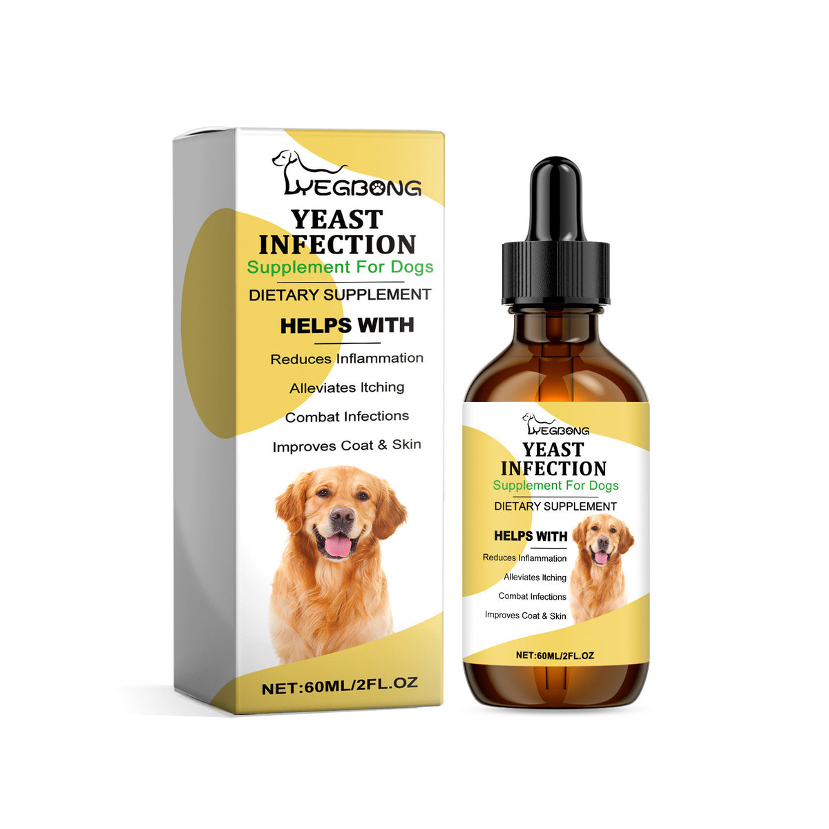 Herbal Yeast Supplement For Relieving Pet External Skin Care in bottle and box with benefits for dogs.