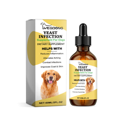 Herbal Yeast Supplement For Relieving Pet External Skin Care in bottle and box with benefits for dogs.