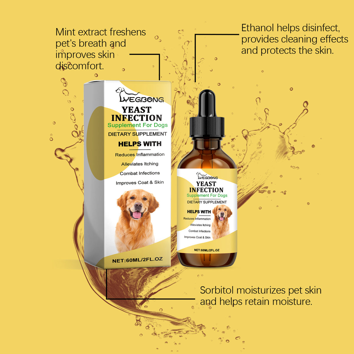 Herbal Yeast Supplement For Relieving Pet External Skin Care packaging with dropper and benefits for skin and coat.