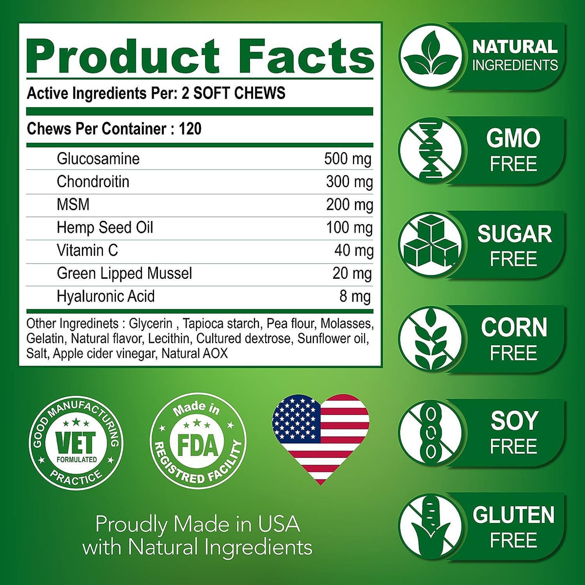 Pet Hip & Joint Supplement Chondroitin product facts label with natural ingredients and active components.