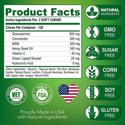 Pet Hip & Joint Supplement Chondroitin product facts label with natural ingredients and active components.