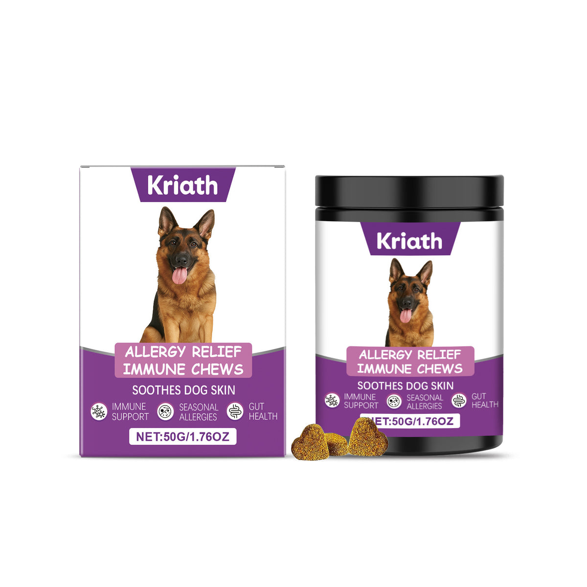 Kriath allergy relief chews for pets, immune chews for seasonal allergies and gut health, 50g packaging with dog image.